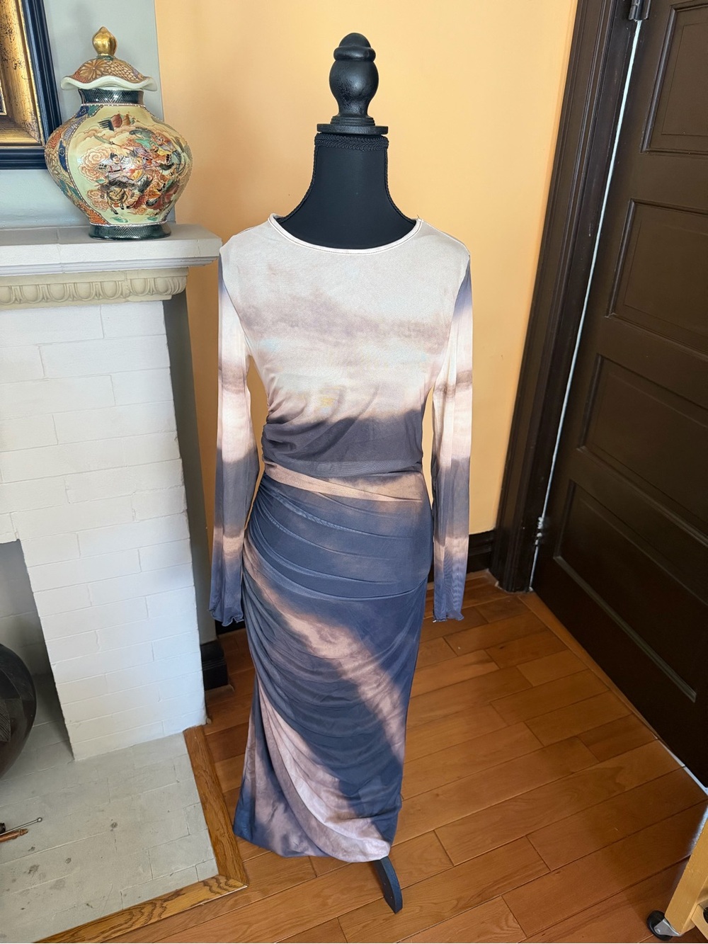 Long Sleeve Tie-Dye Maxi Dress in Taupe and Slate